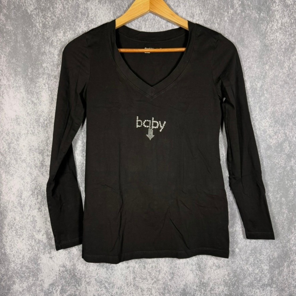 Gap Maternity Favorite XS Black Rhinestone Baby Long Sleeve V-Neck Shirt Top